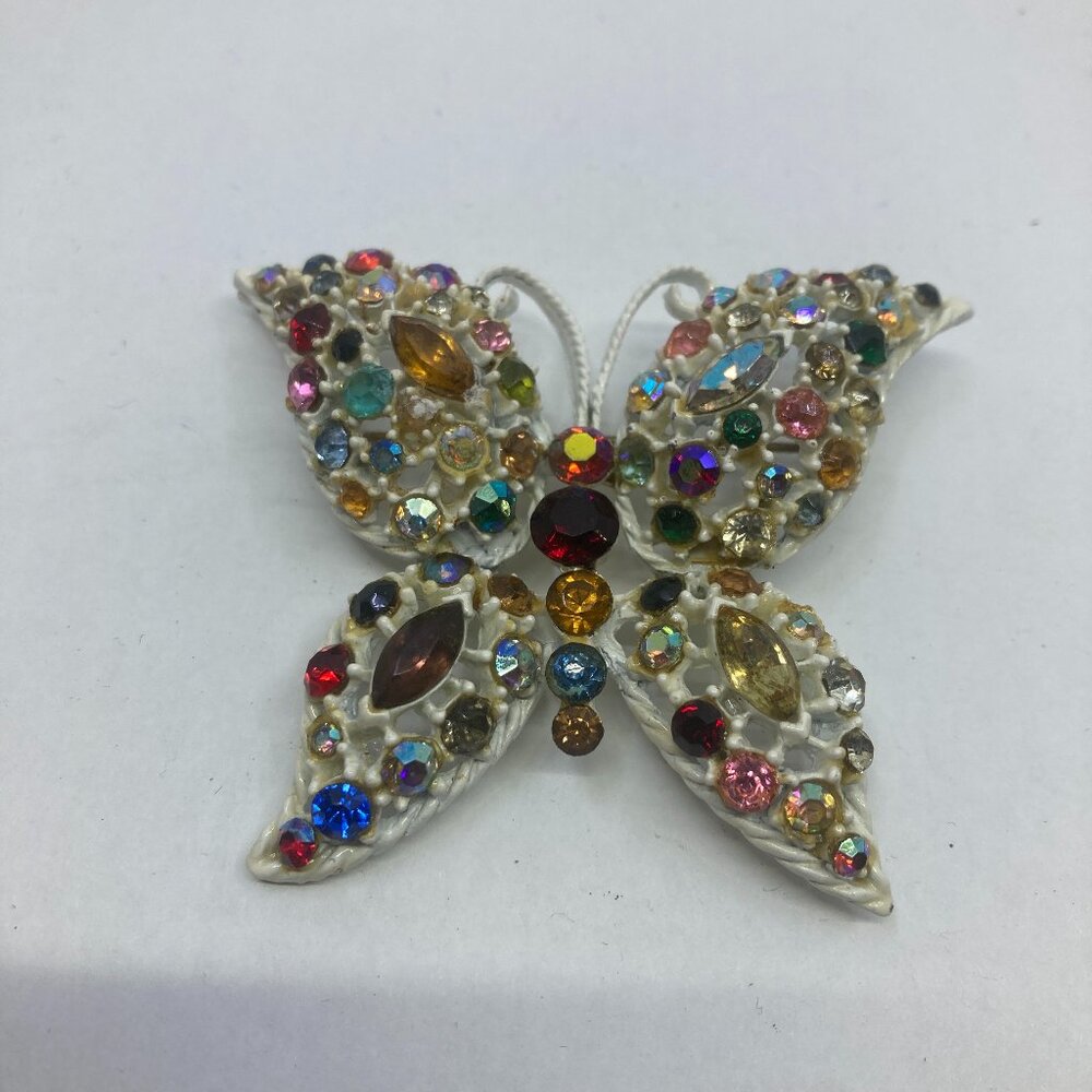 Vtg CONTINENTAL ? butterfly enamel rhinestone crystal brooch